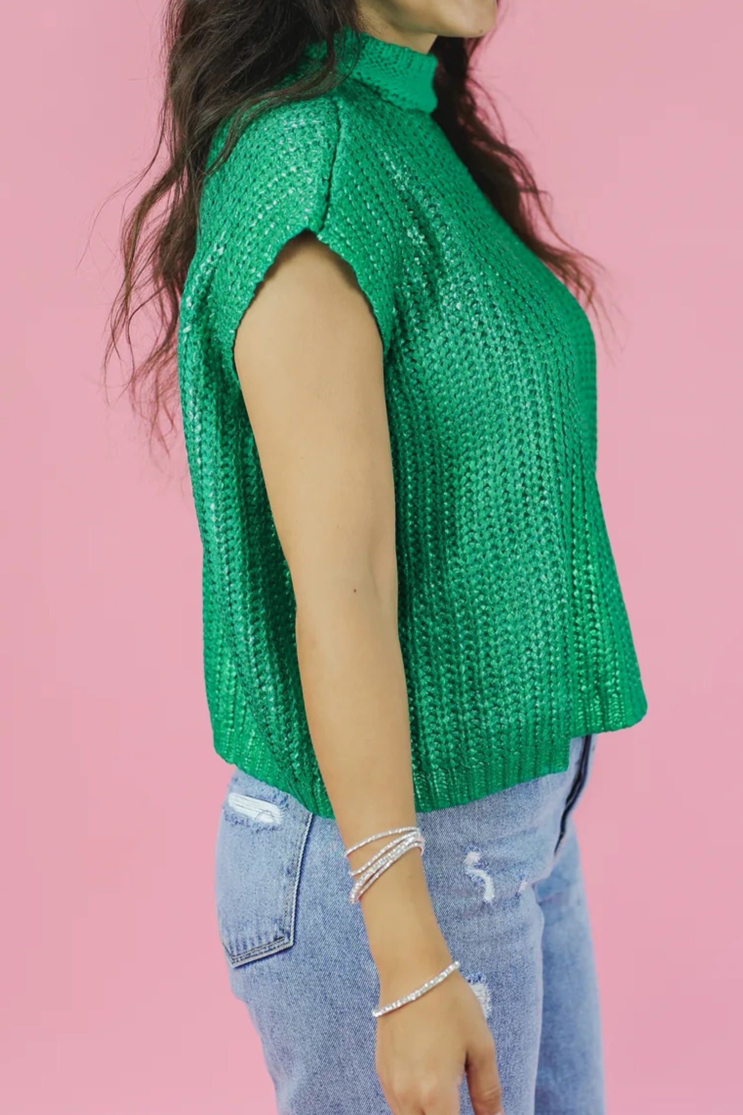 Bright Green Solid Color Knit High Neck Short Sleeve Sweater
