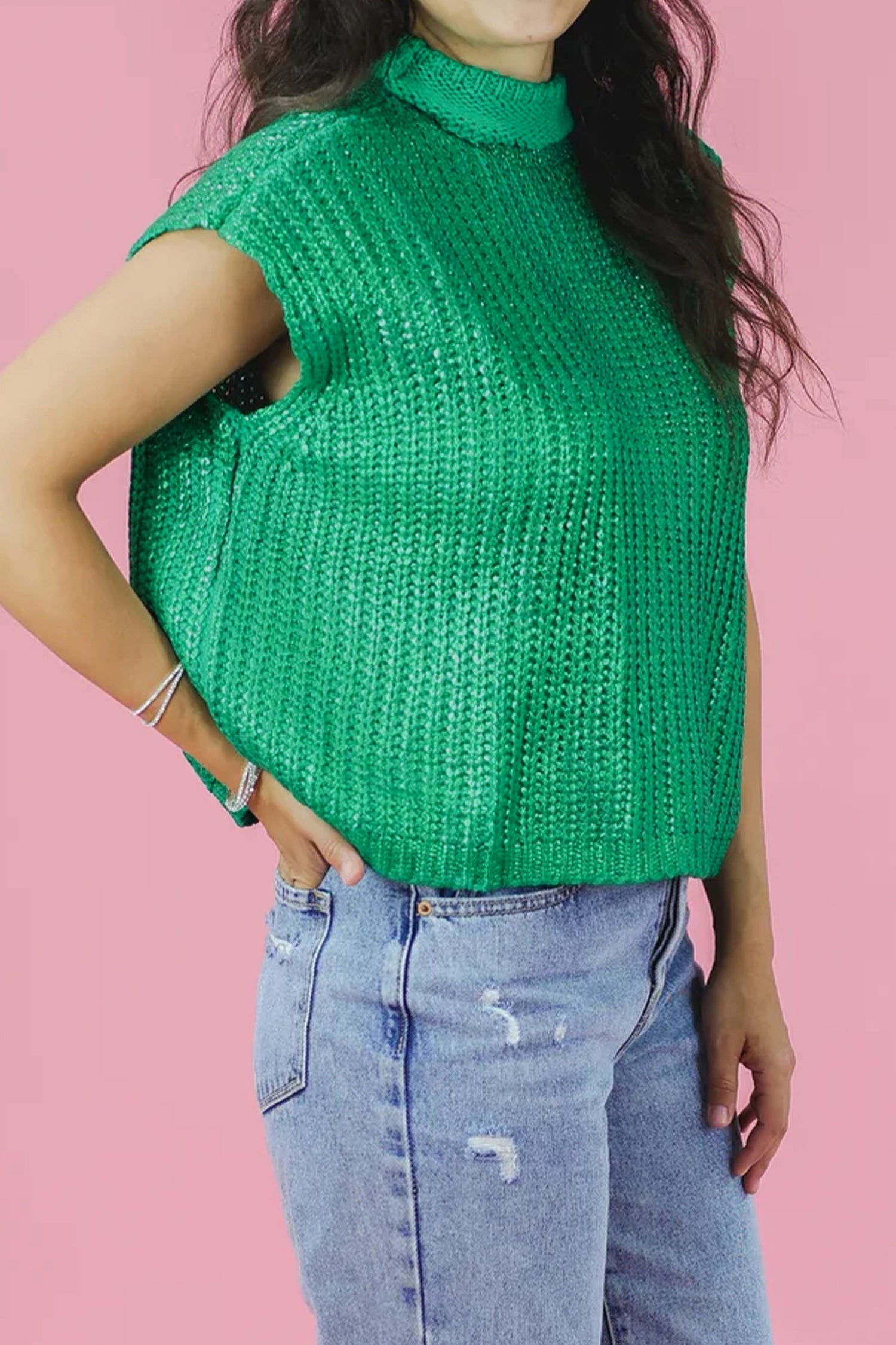 Bright Green Solid Color Knit High Neck Short Sleeve Sweater