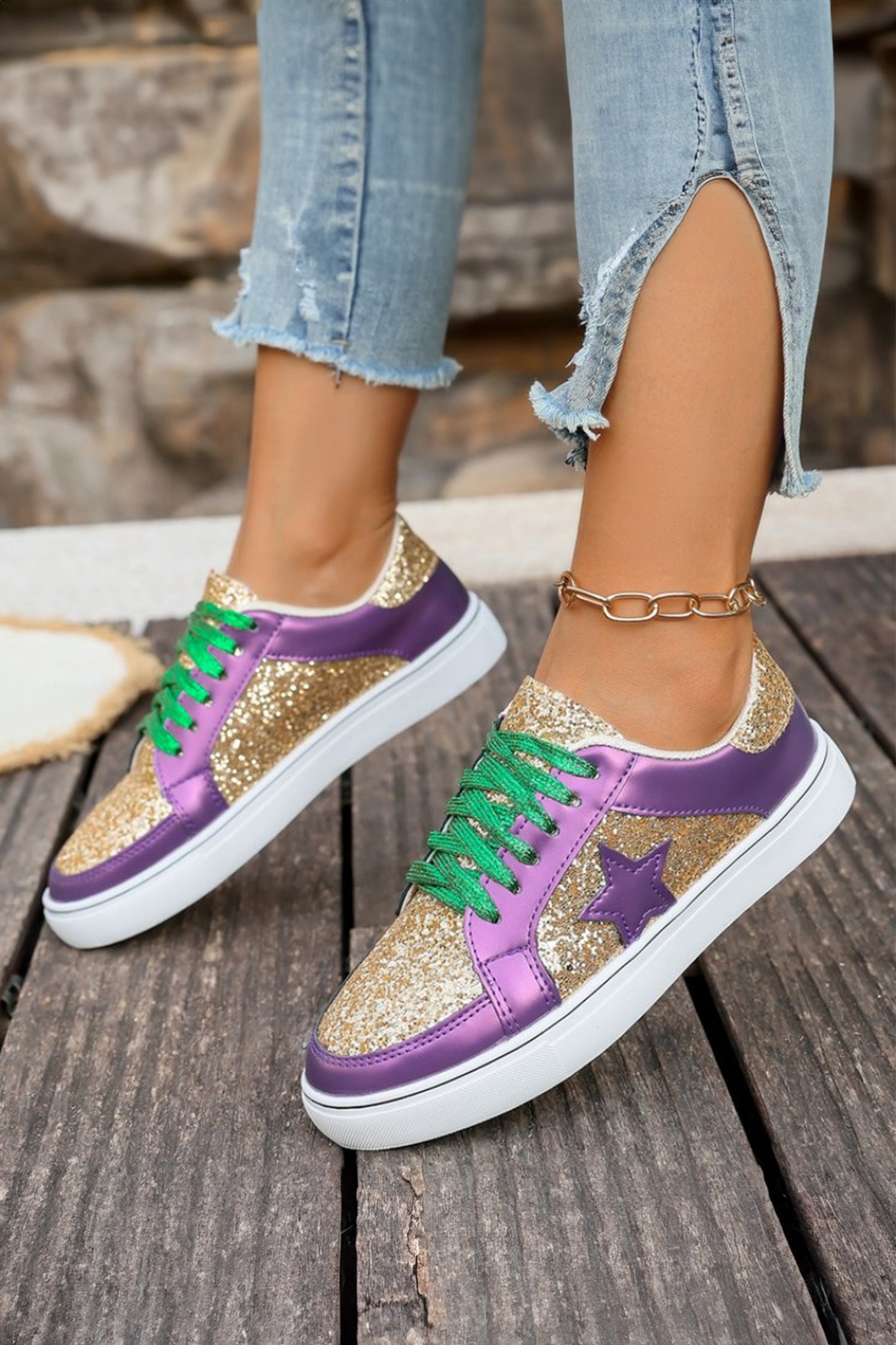 Tillandsia Purple  Glitter Star Patchwork PU Leather Lace-up Sneakers