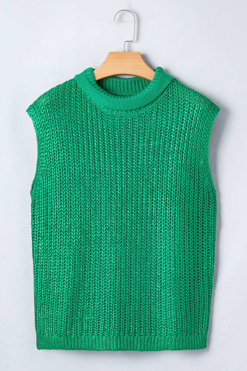 Bright Green Solid Color Knit High Neck Short Sleeve Sweater