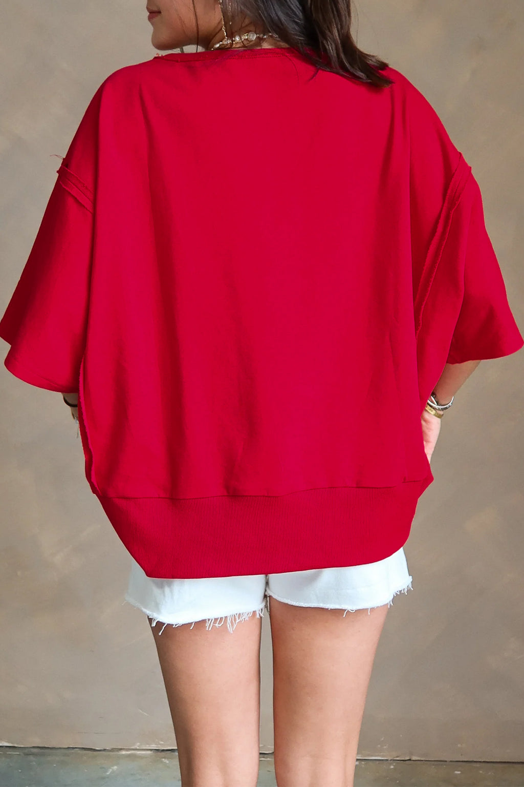 Racing Red GEORGIE Letter Printed Raw Seam Drop Shoulder Loose Tee