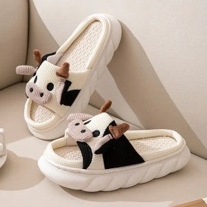 White Cute Cow Pattern Open Toe Slippers