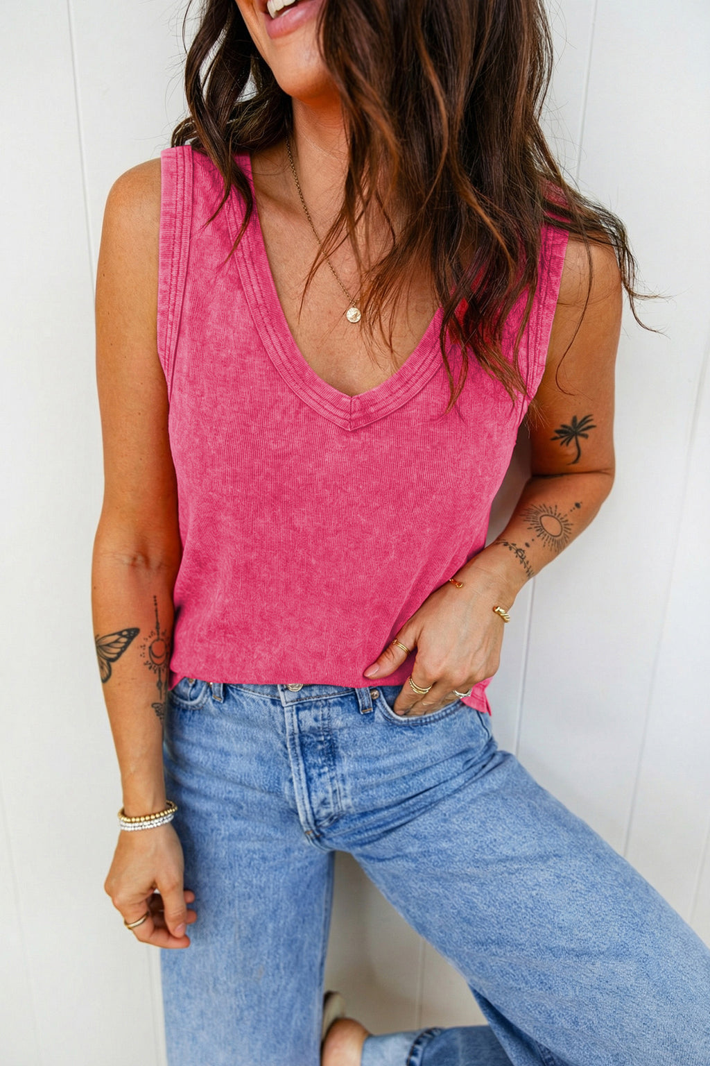 Rose Red Mineral Wash V Neck Tank Top