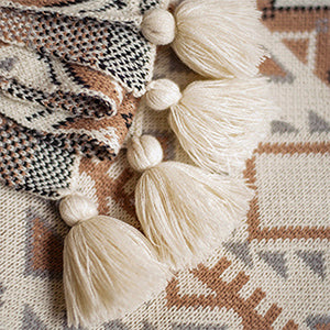 Parchment Geometric Pattern Knit Bohemian Tassel Blanket