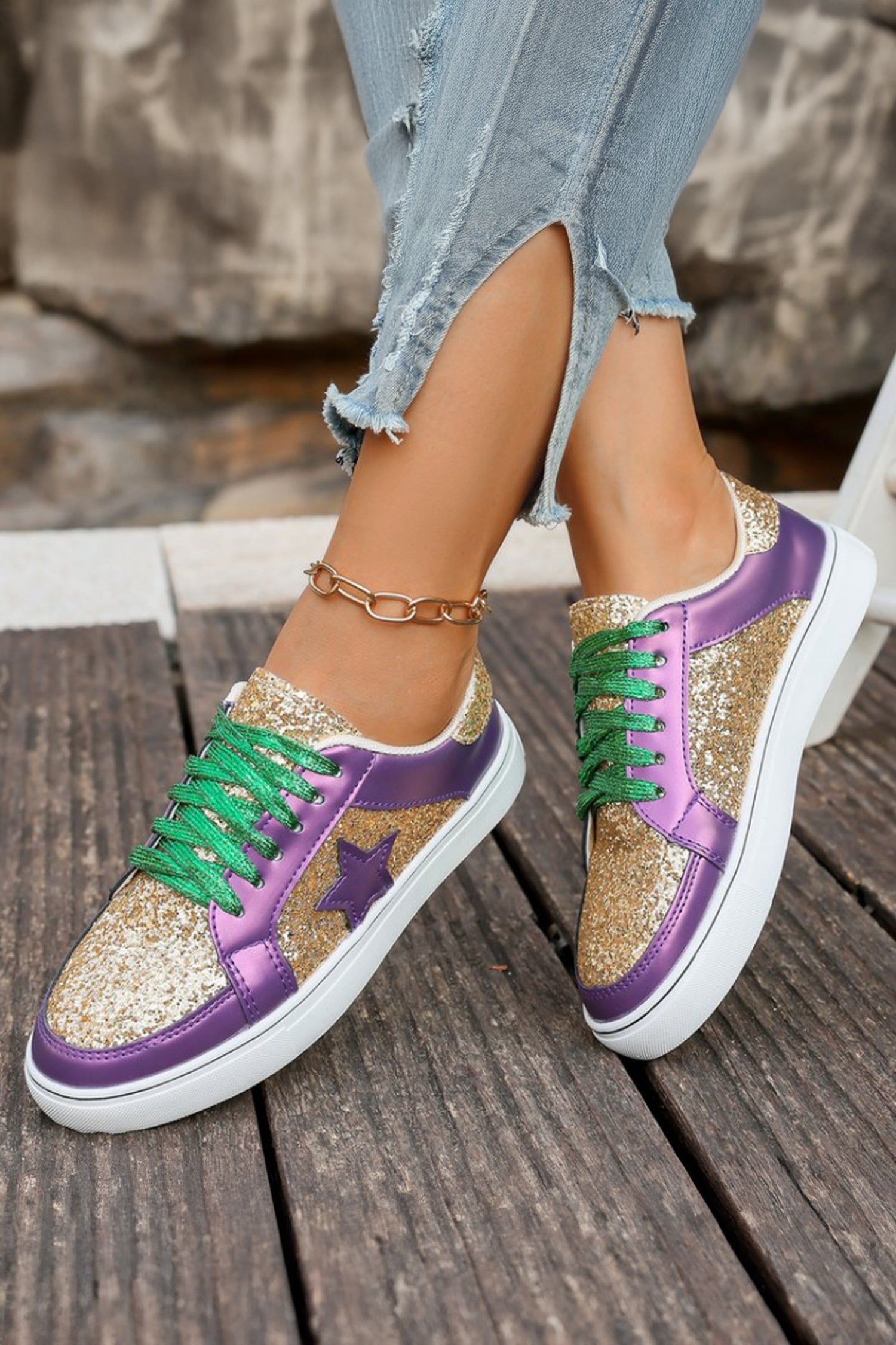 Tillandsia Purple  Glitter Star Patchwork PU Leather Lace-up Sneakers