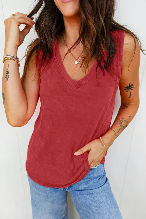 Rose Red Mineral Wash V Neck Tank Top