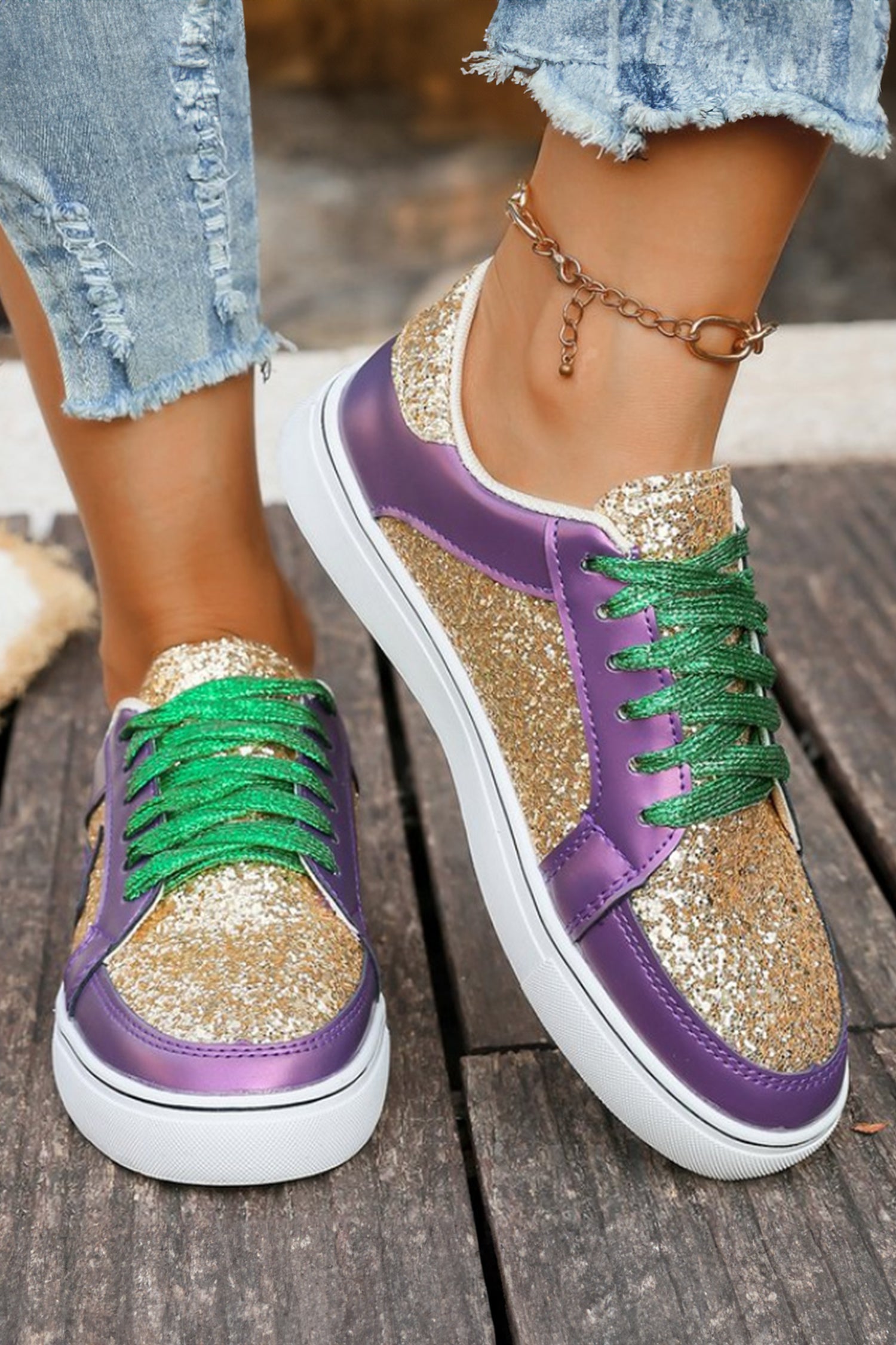 Tillandsia Purple  Glitter Star Patchwork PU Leather Lace-up Sneakers