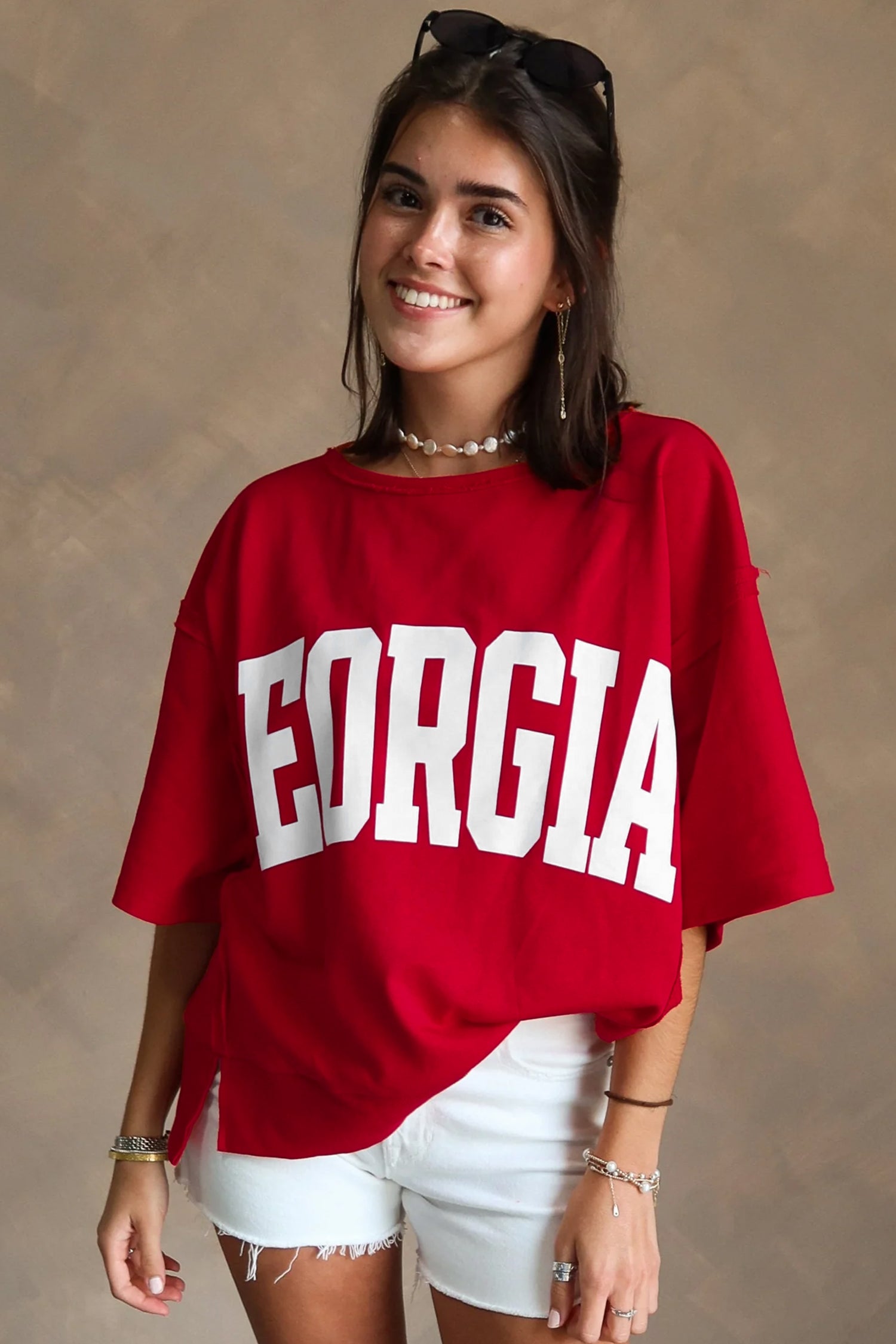 Racing Red GEORGIE Letter Printed Raw Seam Drop Shoulder Loose Tee