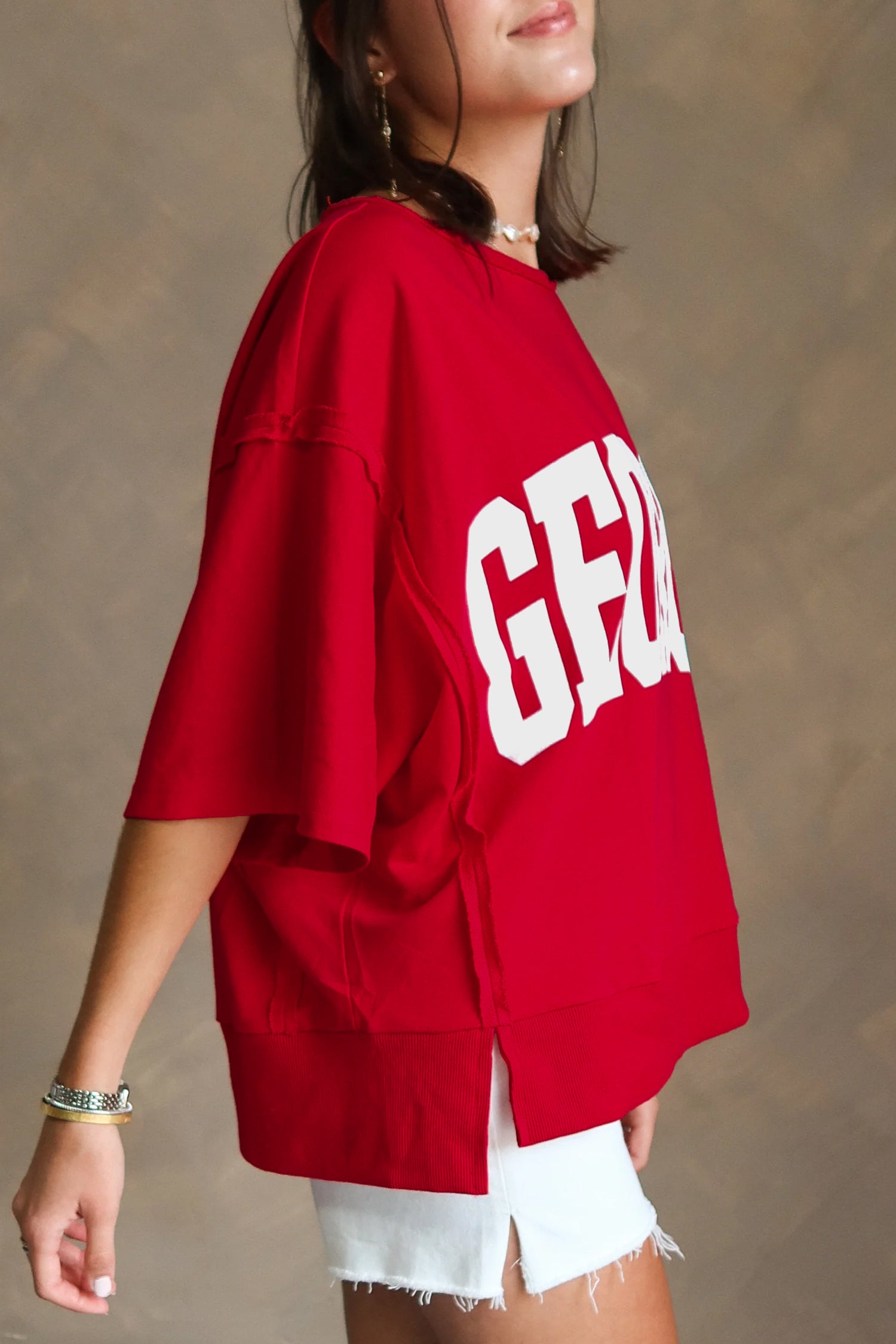 Racing Red GEORGIE Letter Printed Raw Seam Drop Shoulder Loose Tee