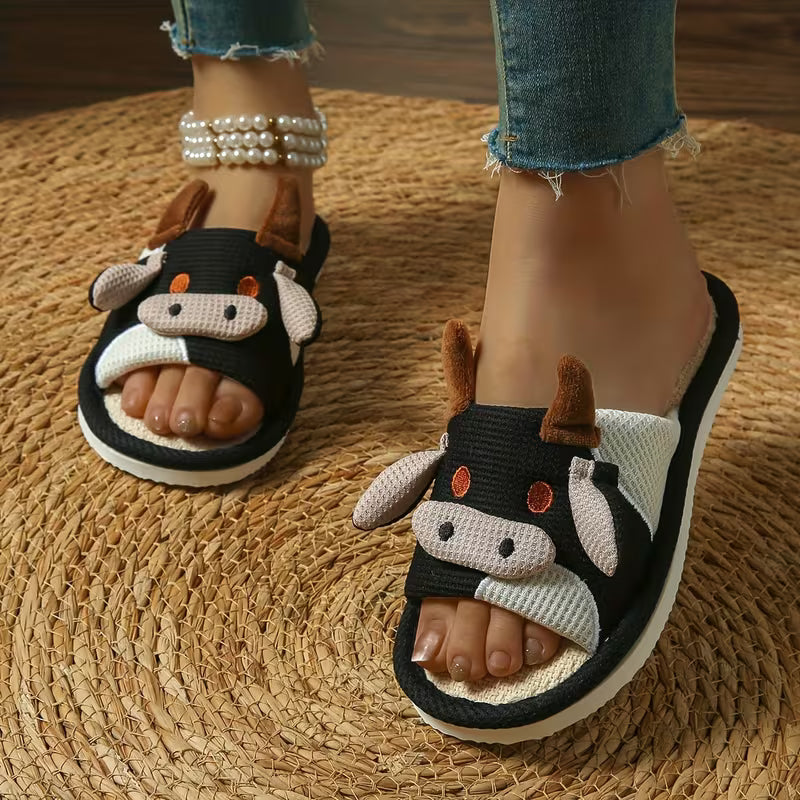 White Cute Cow Pattern Open Toe Slippers