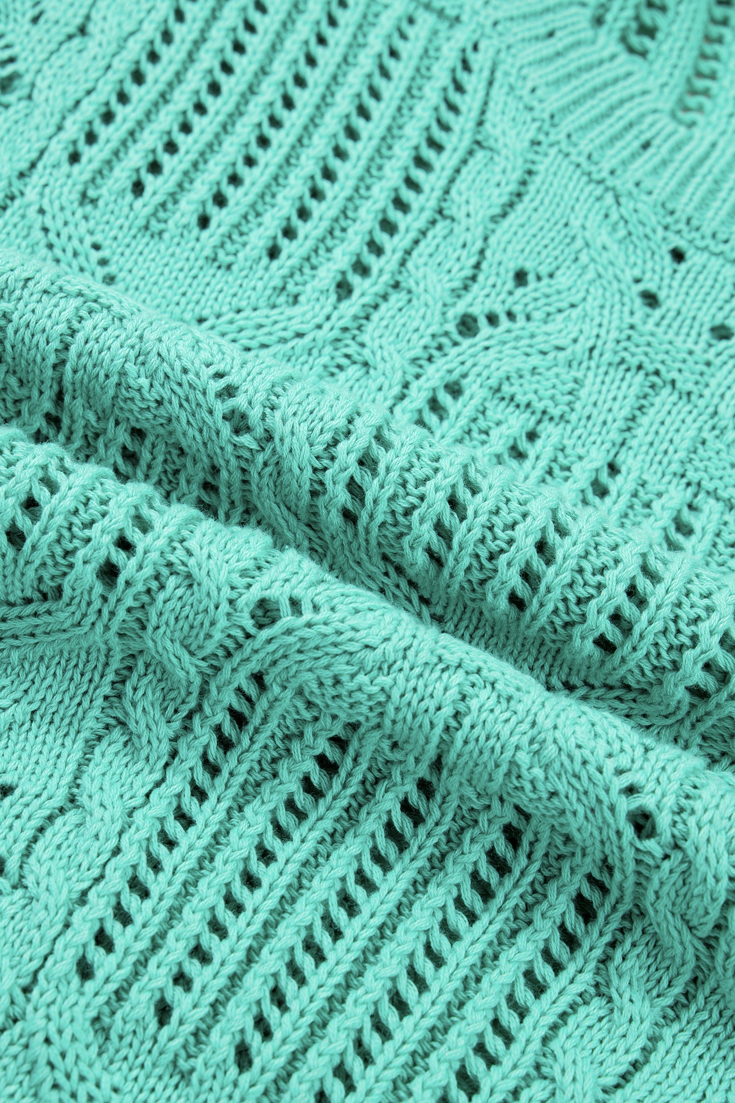 Mint Green Pointelle Knit Patterned Scalloped Trim Short Sleeve Sweater