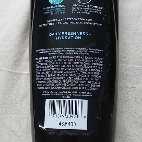 L'OREAL Power Moisture Hydrating 2 in 1 Shampoo+Conditioner 12.6 FL Oz